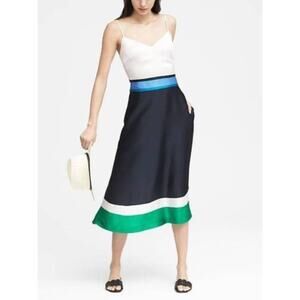 Banana Republic Satin Colorblock Midi Dress Pockets Fit Flare Size 8 cocktail